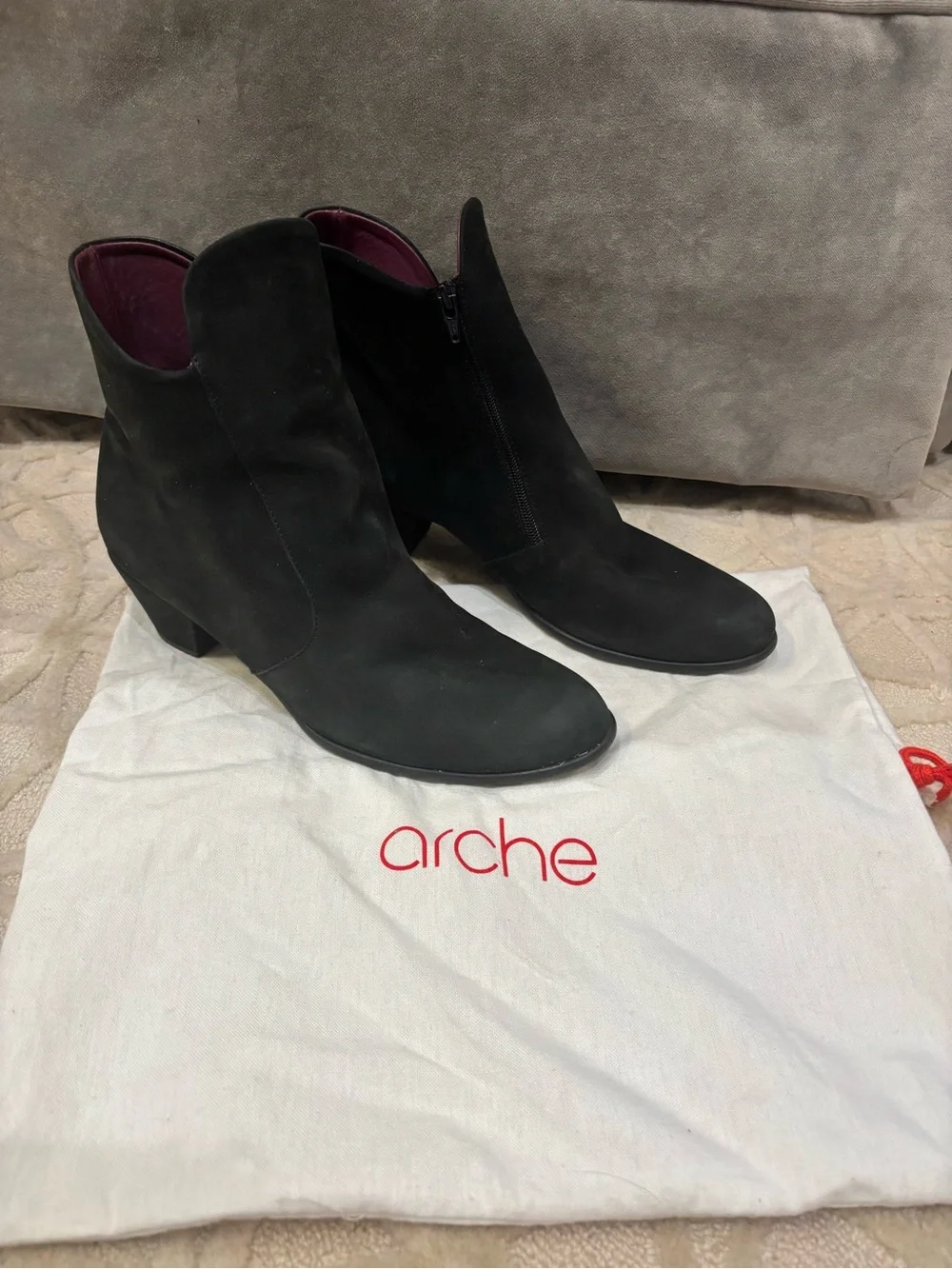 Arche Black Suede Ankle Booties with Subtle Purple Lining